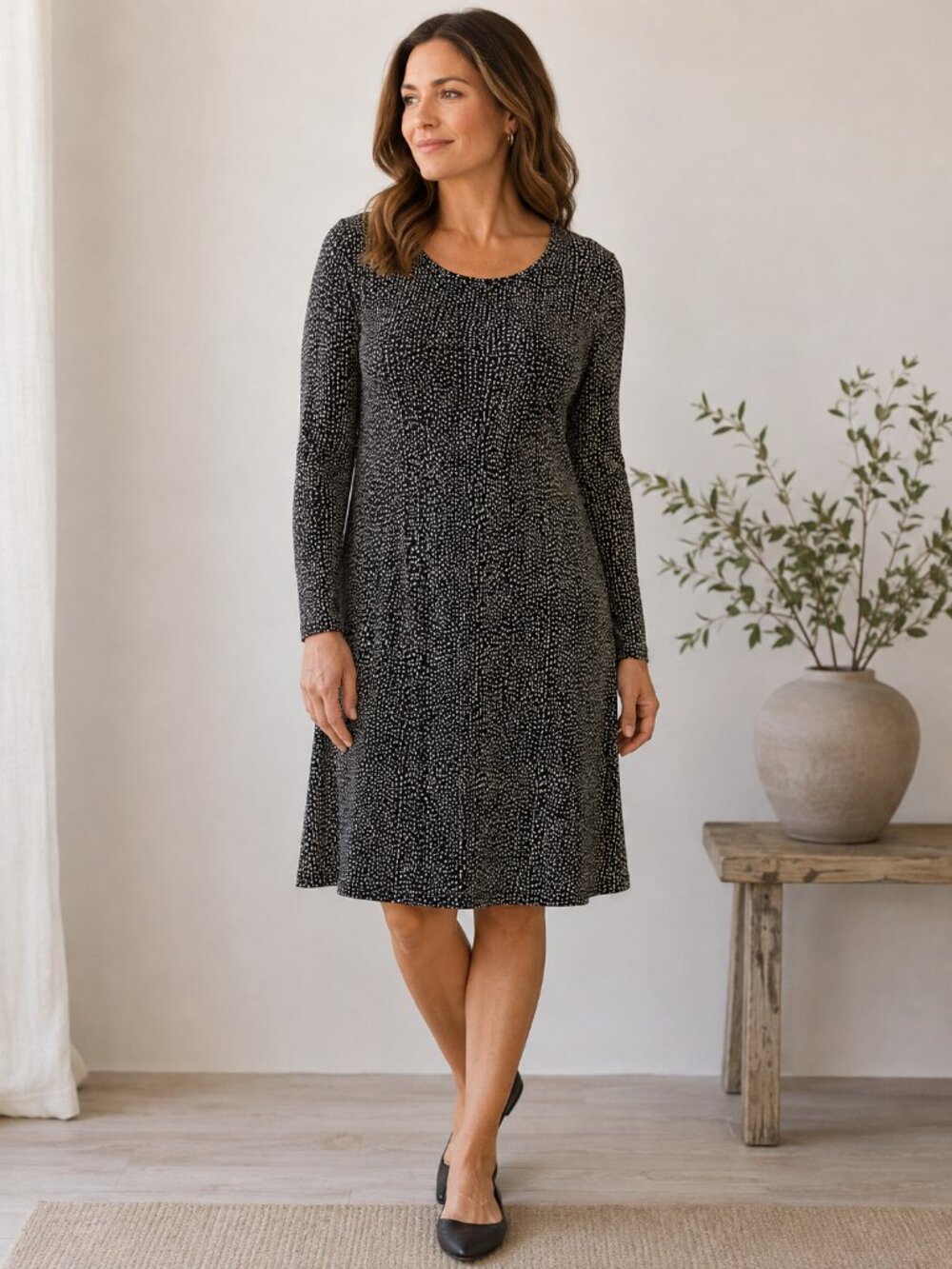 J.Jill Wearever Collection Black Cream Stretch A-Line Dress Small Long Sleeve
